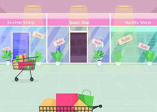商场季节性销售平面彩色矢量图.打折购物.购物车中的购物和袋子.